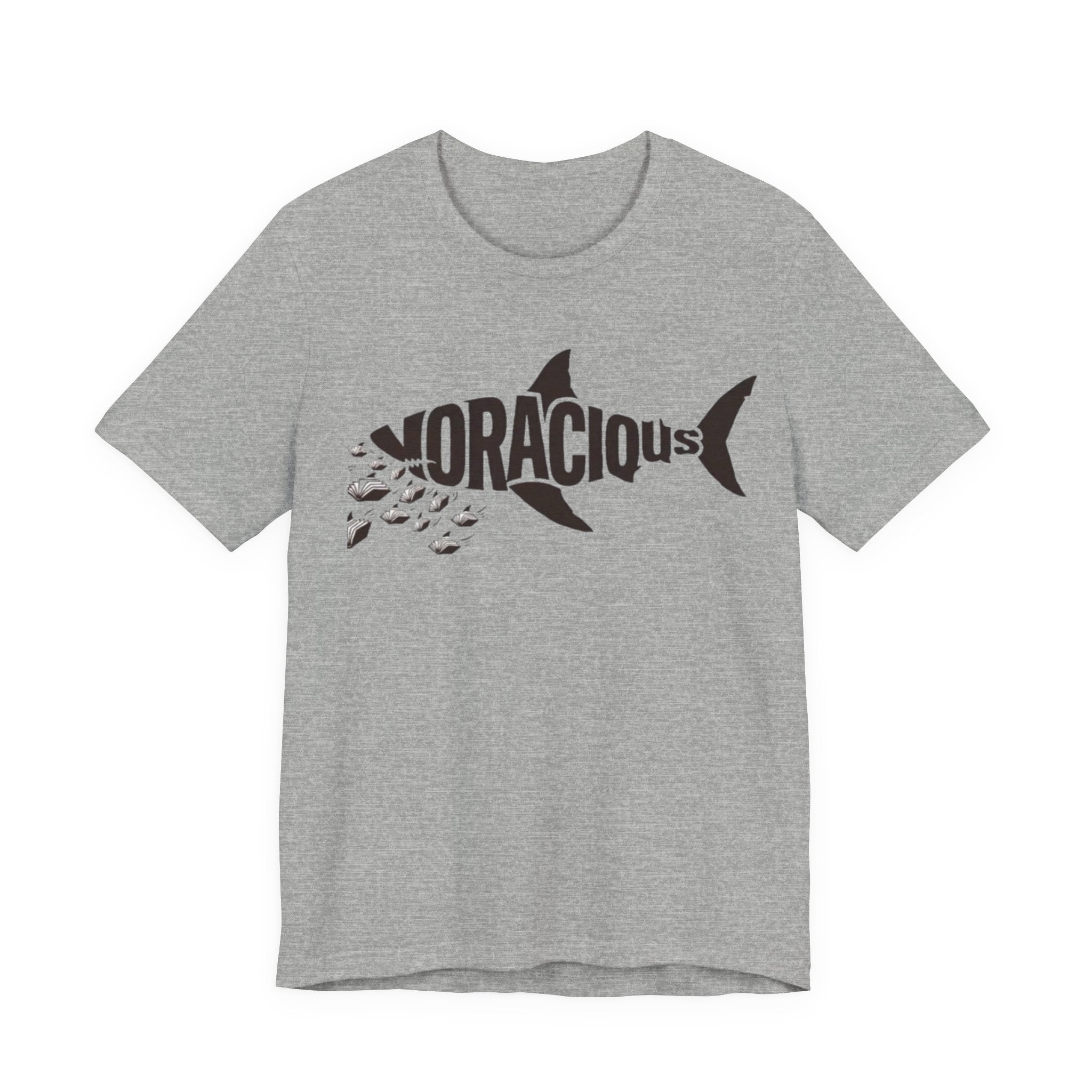 Voracius Reader Shark Graphic Tee — Shark Silhouette with Fish School Design