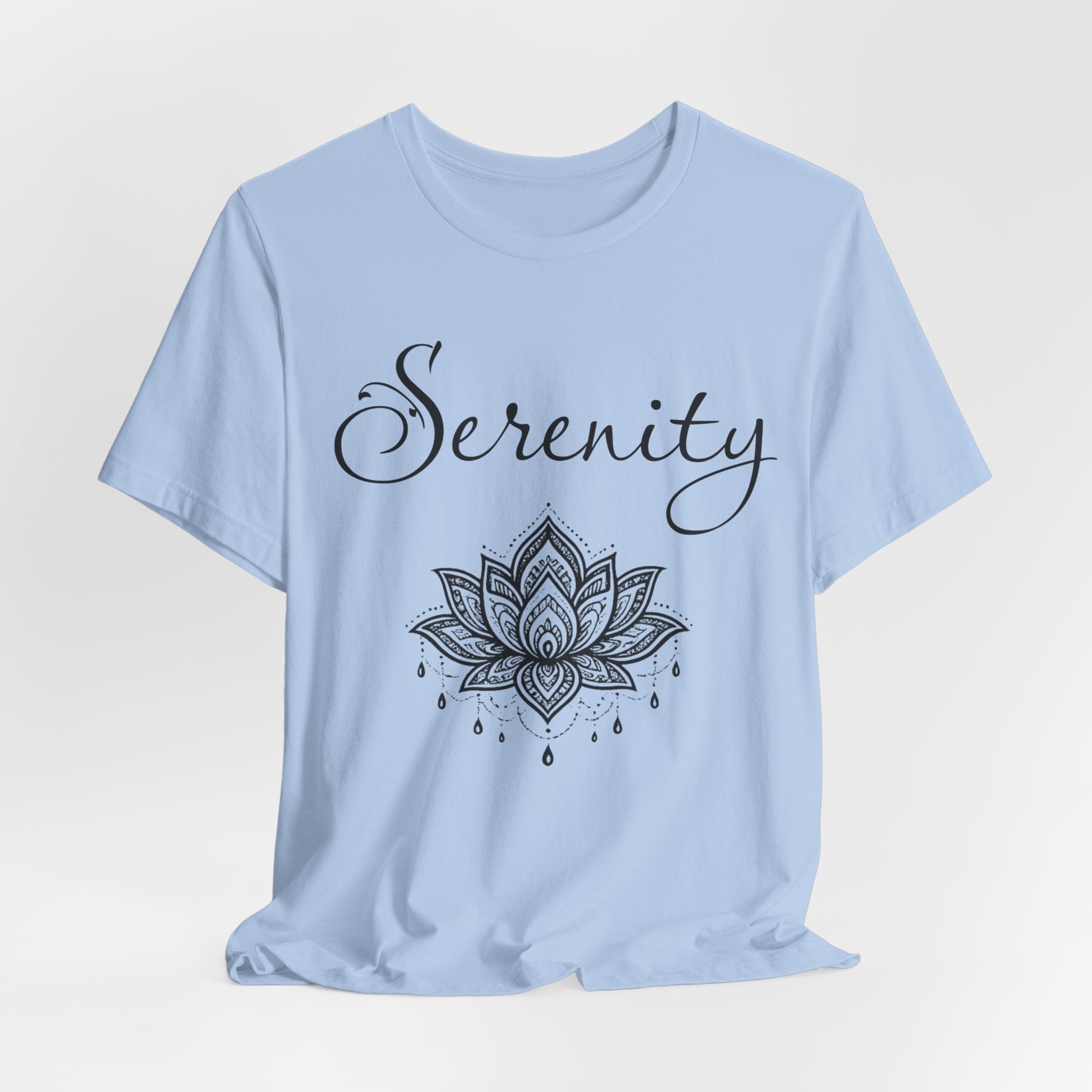 Serenity Lotus T-Shirt — Calming Yoga Tee with Script Text
