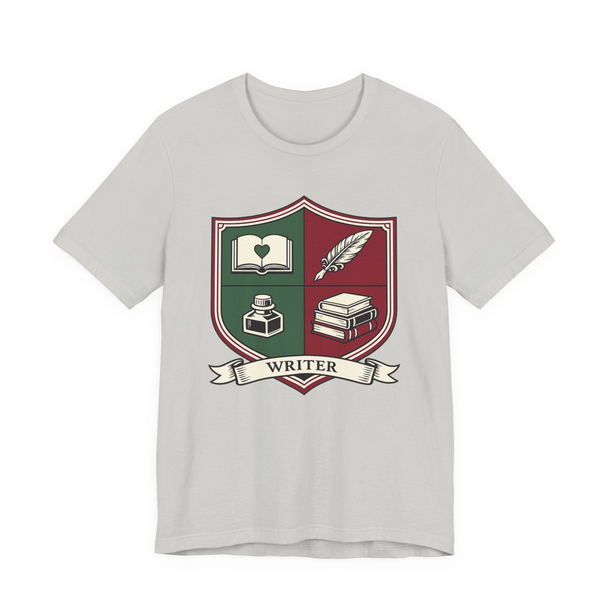 Writer Crest T‑Shirt — Literary Shield Tee with Quill, Books & Ink