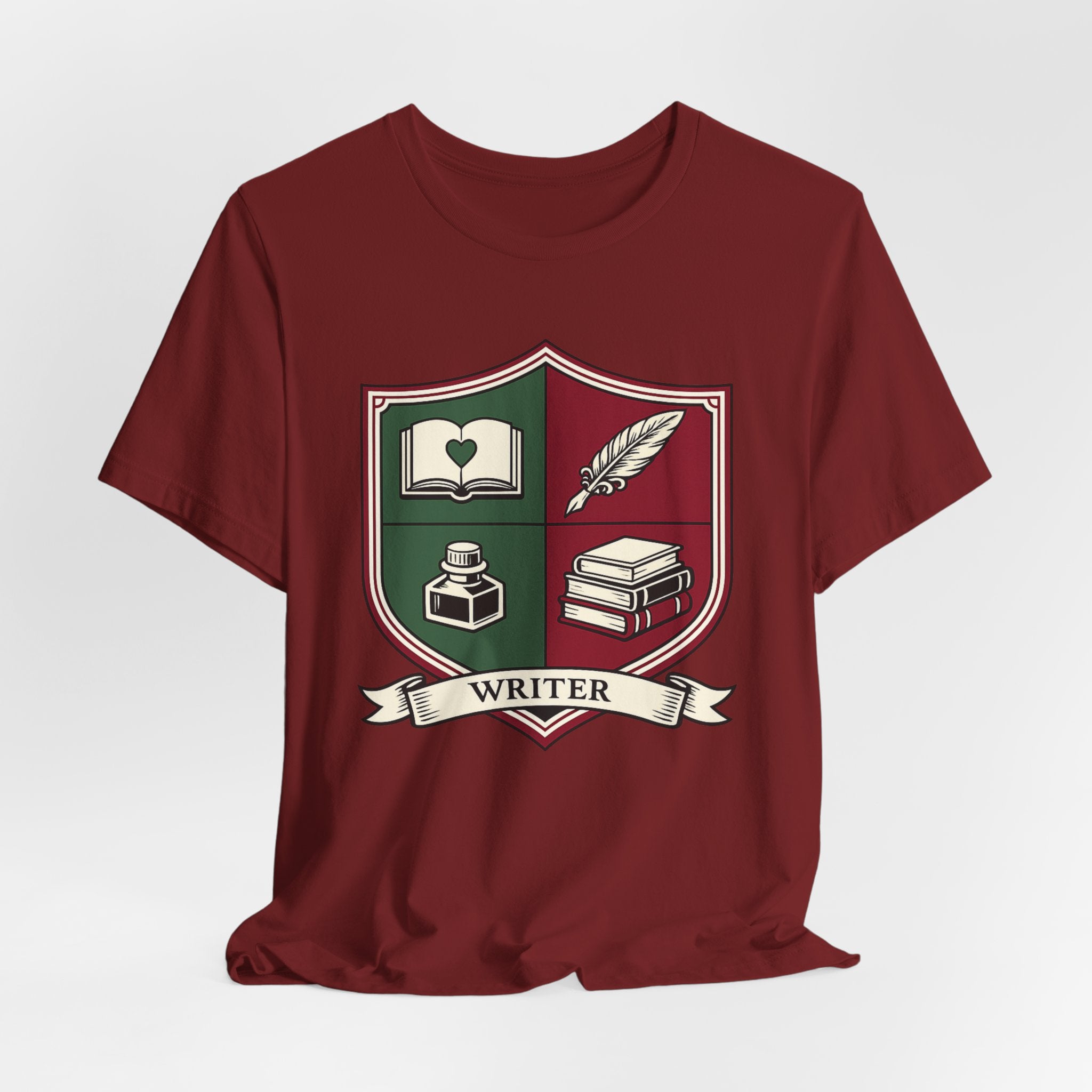 Writer Crest T‑Shirt — Literary Shield Tee with Quill, Books & Ink