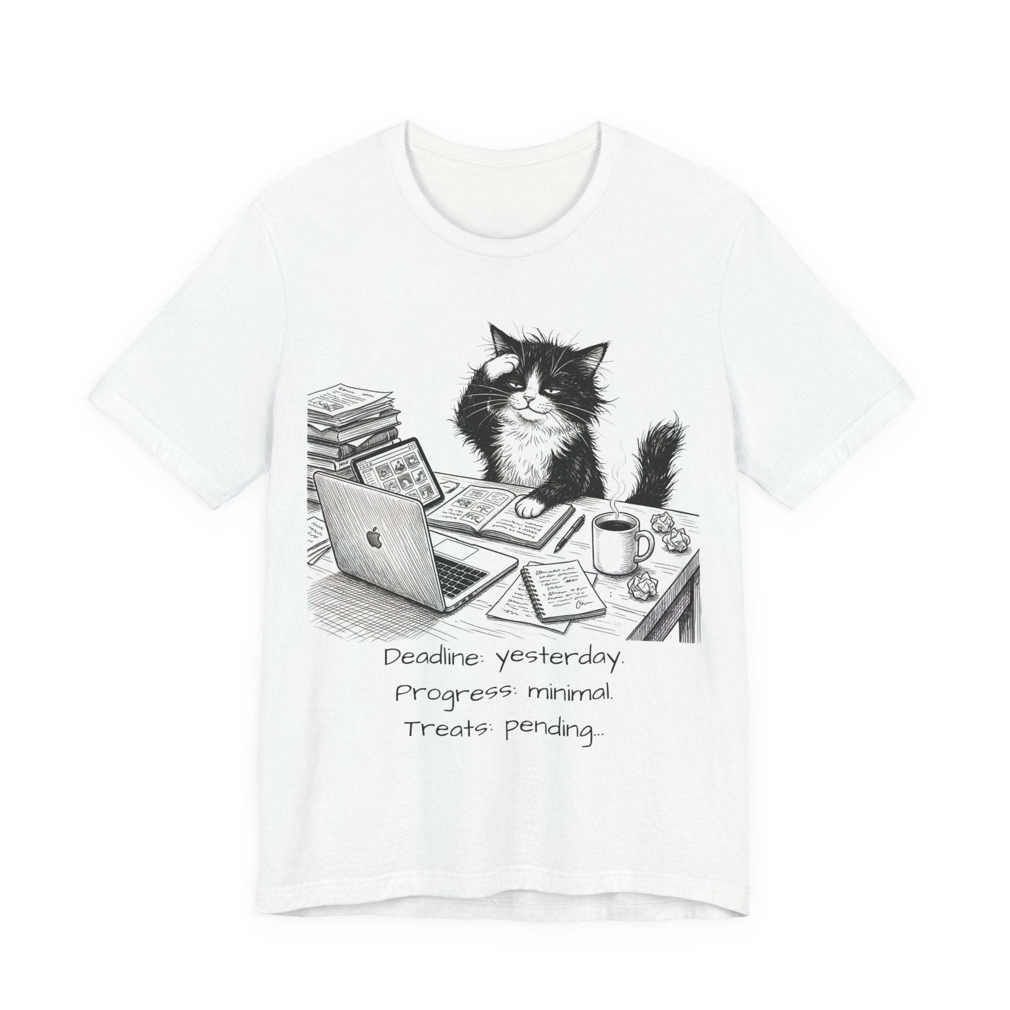 “Deadline yesterday, Progress normal, Treats pending” Cute Office Cat Tee