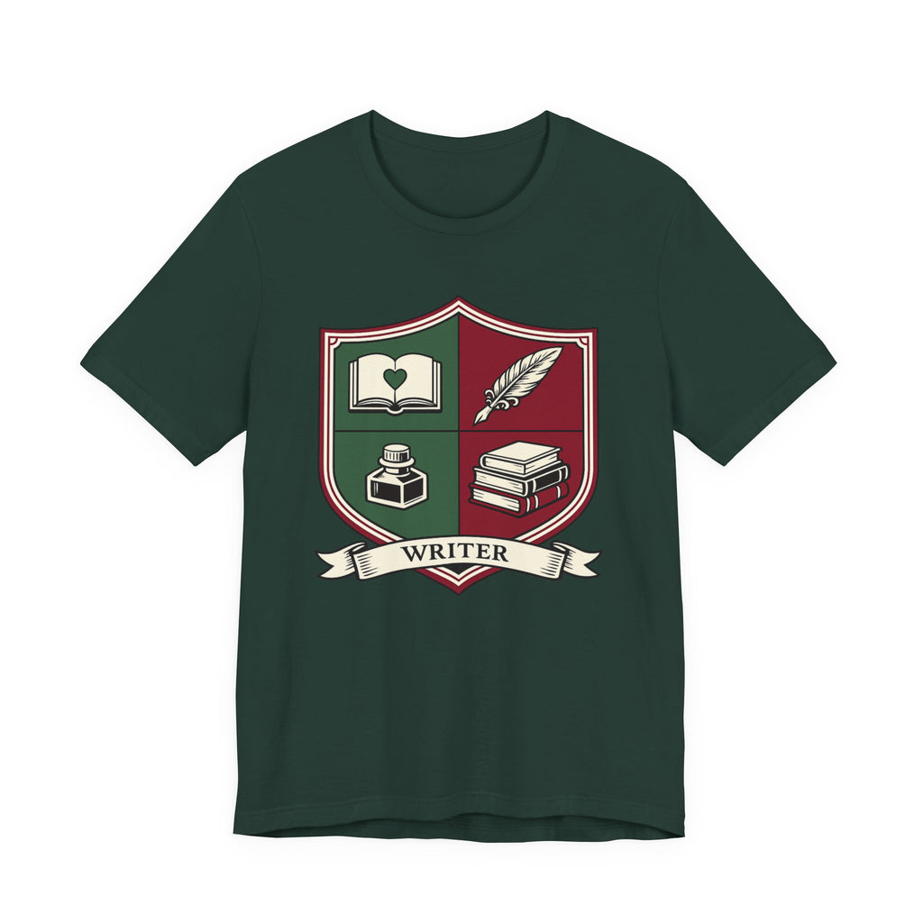 Writer Crest T‑Shirt — Literary Shield Tee with Quill, Books & Ink