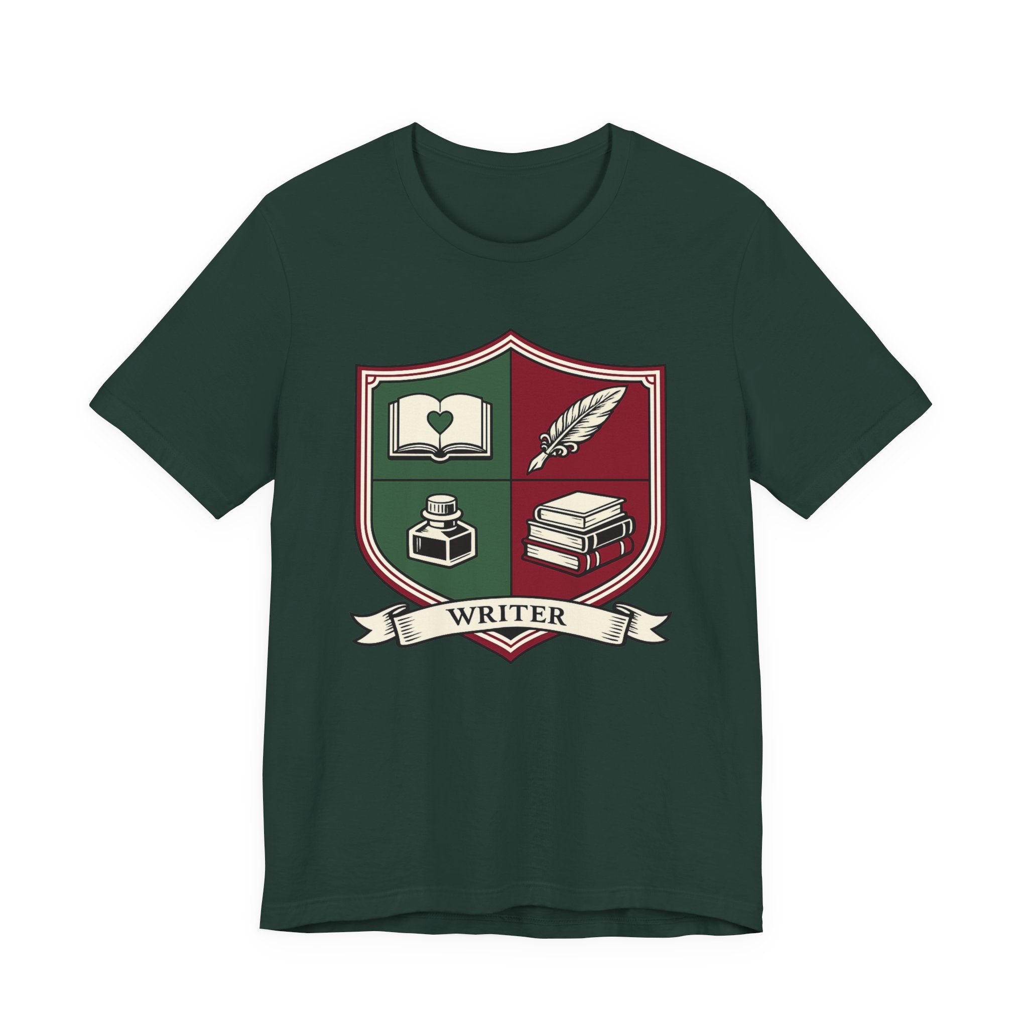 Writer Crest T‑Shirt — Literary Shield Tee with Quill, Books & Ink