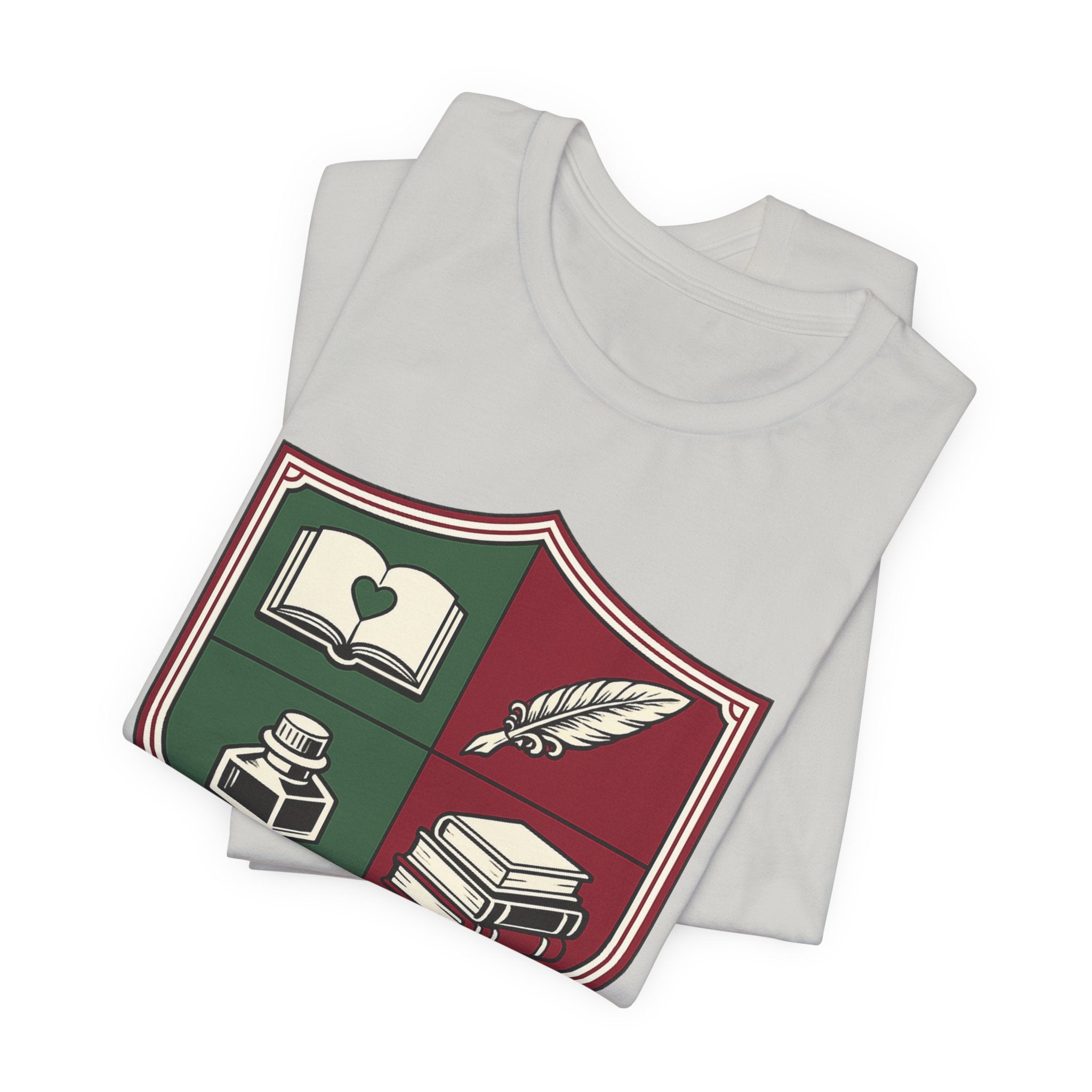 Writer Crest T‑Shirt — Literary Shield Tee with Quill, Books & Ink
