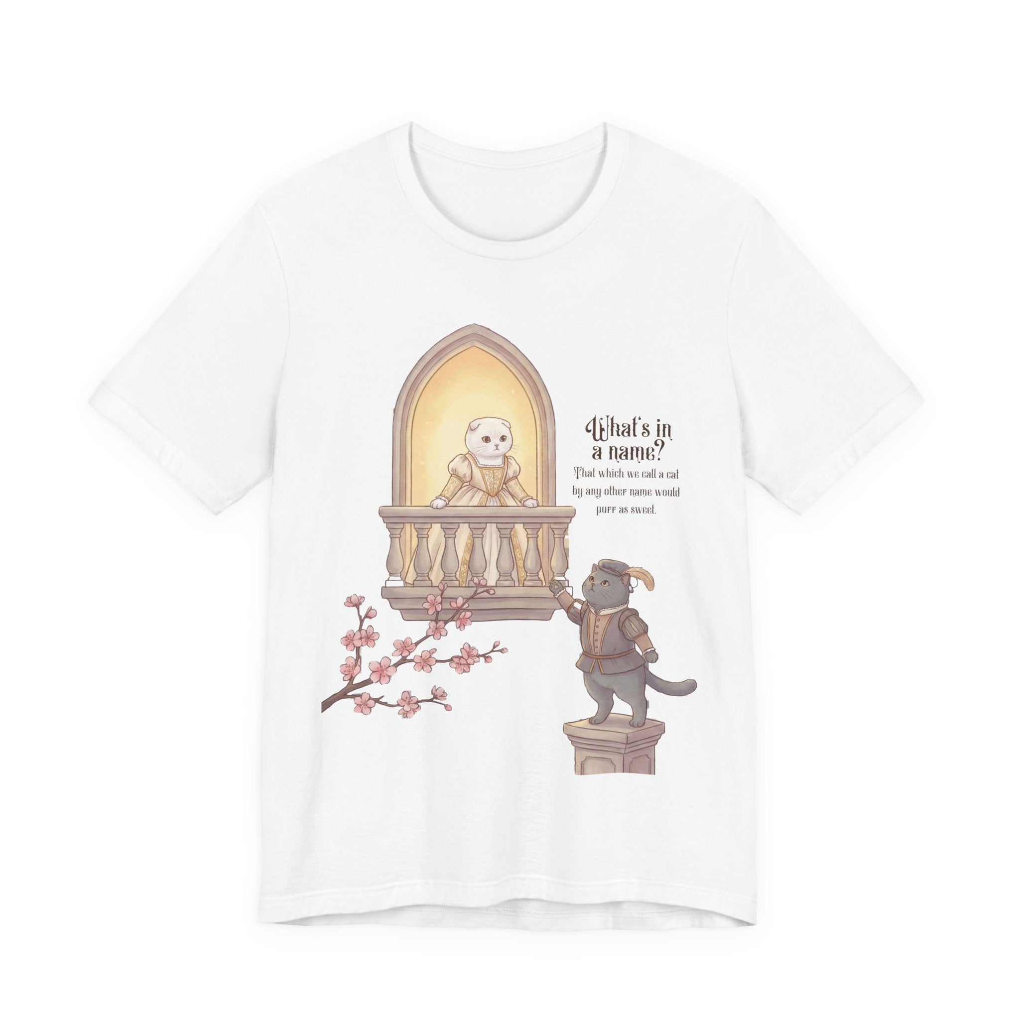 Romeo & Feline Balcony Tee — Cute Romantic Cat Illustration T-Shirt