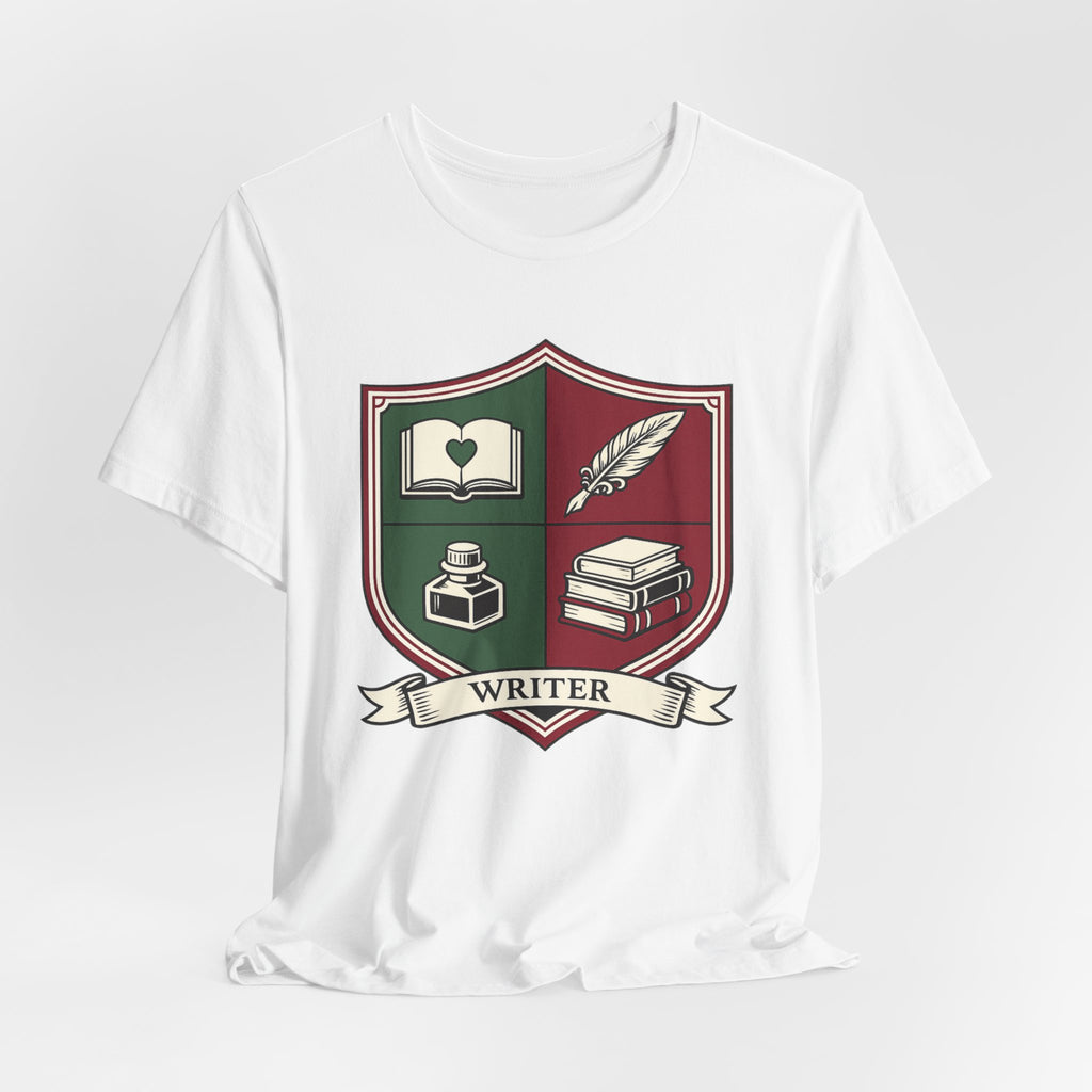 Writer Crest T‑Shirt — Literary Shield Tee with Quill, Books & Ink