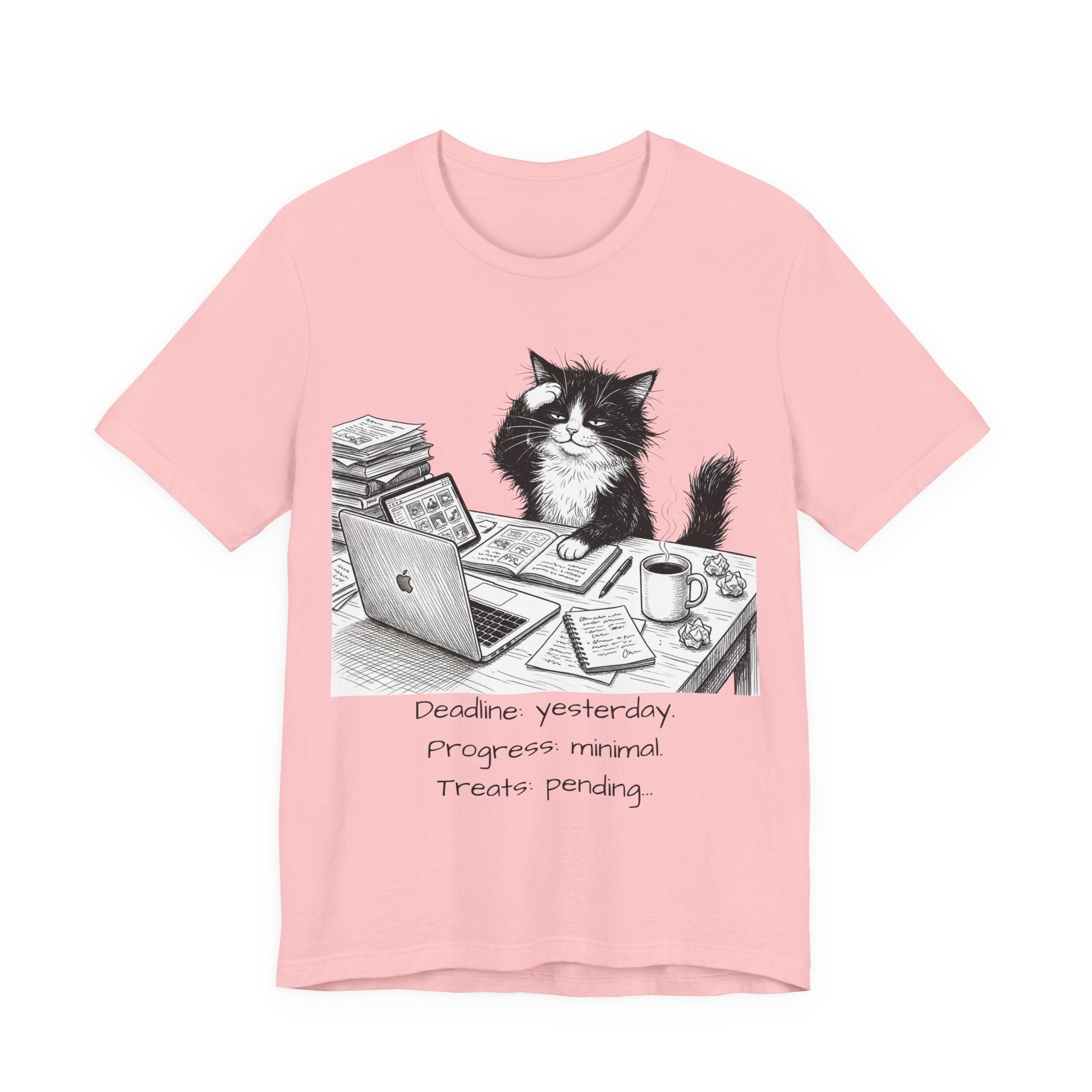 “Deadline yesterday, Progress normal, Treats pending” Cute Office Cat Tee