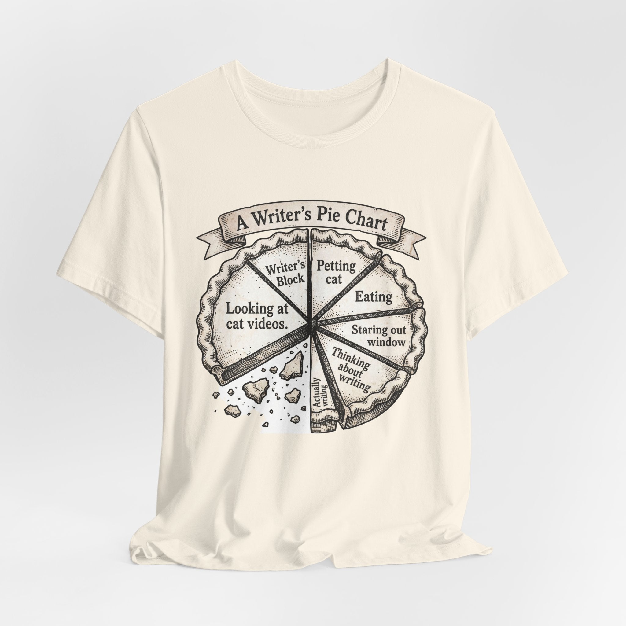 Writer’s Pie Chart T‑Shirt — Funny Cat & Writing Humor Tee