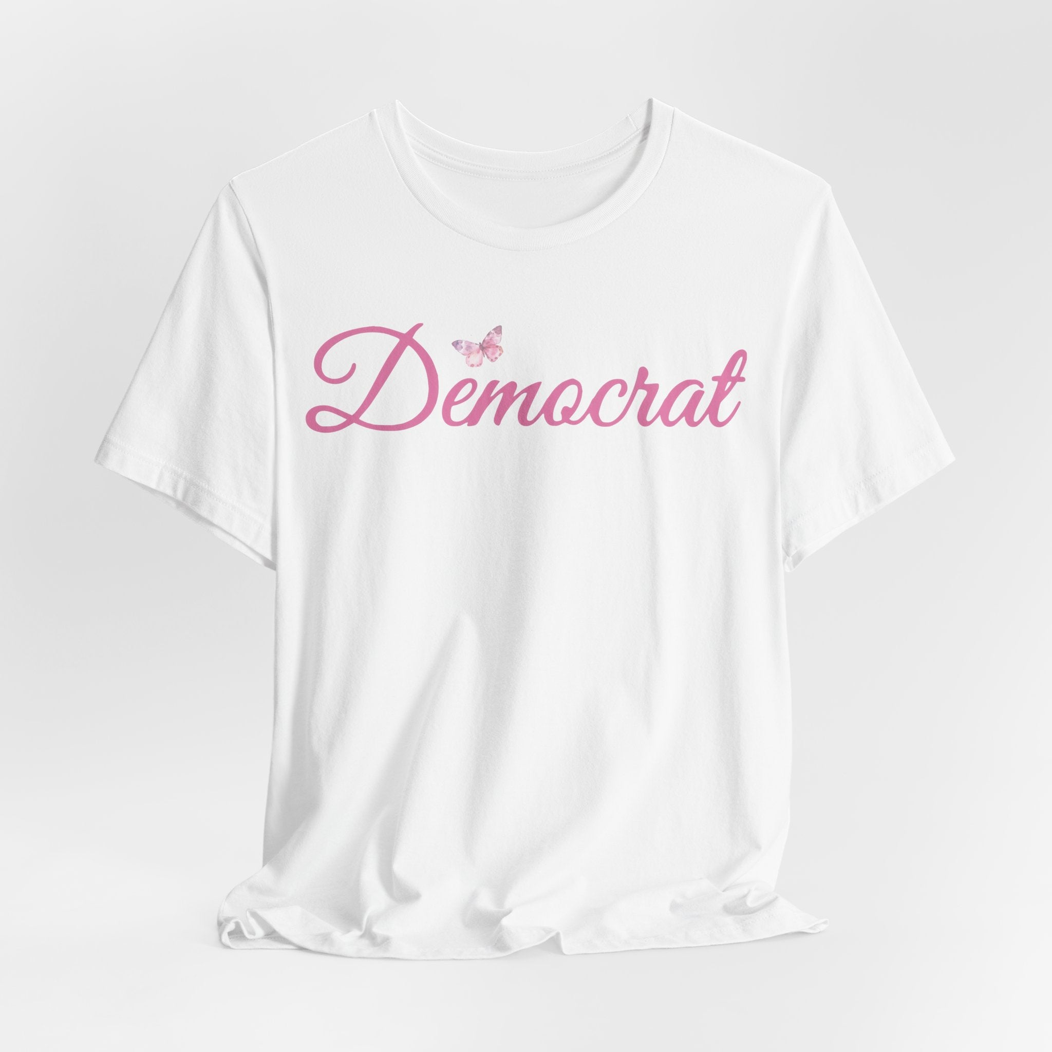 Democrat Butterfly Tee — Pink Script Political T‑Shirt