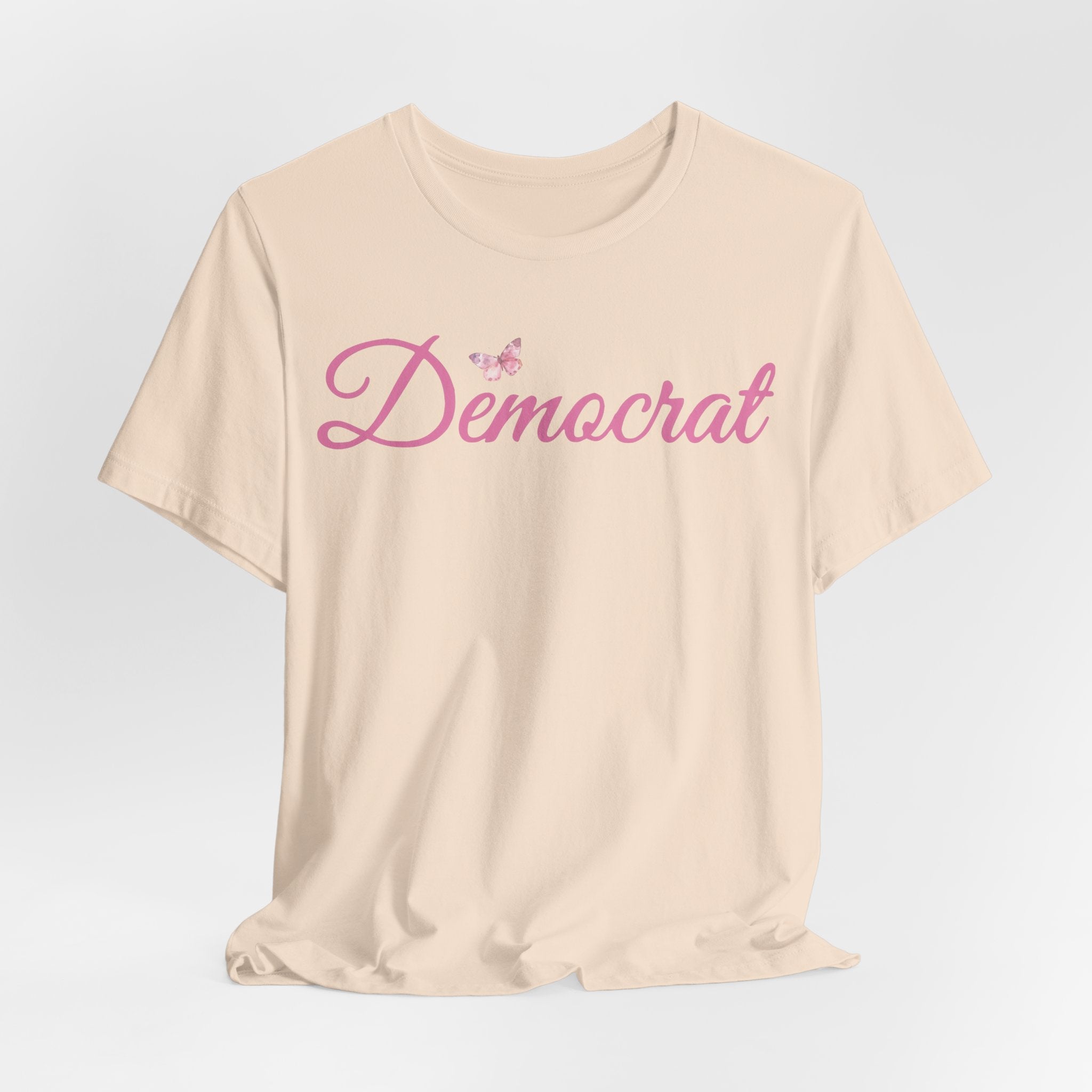 Democrat Butterfly Tee — Pink Script Political T‑Shirt