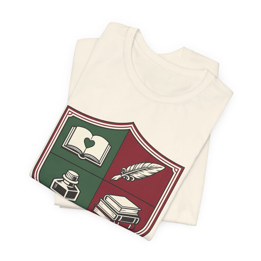 Writer Crest T‑Shirt — Literary Shield Tee with Quill, Books & Ink