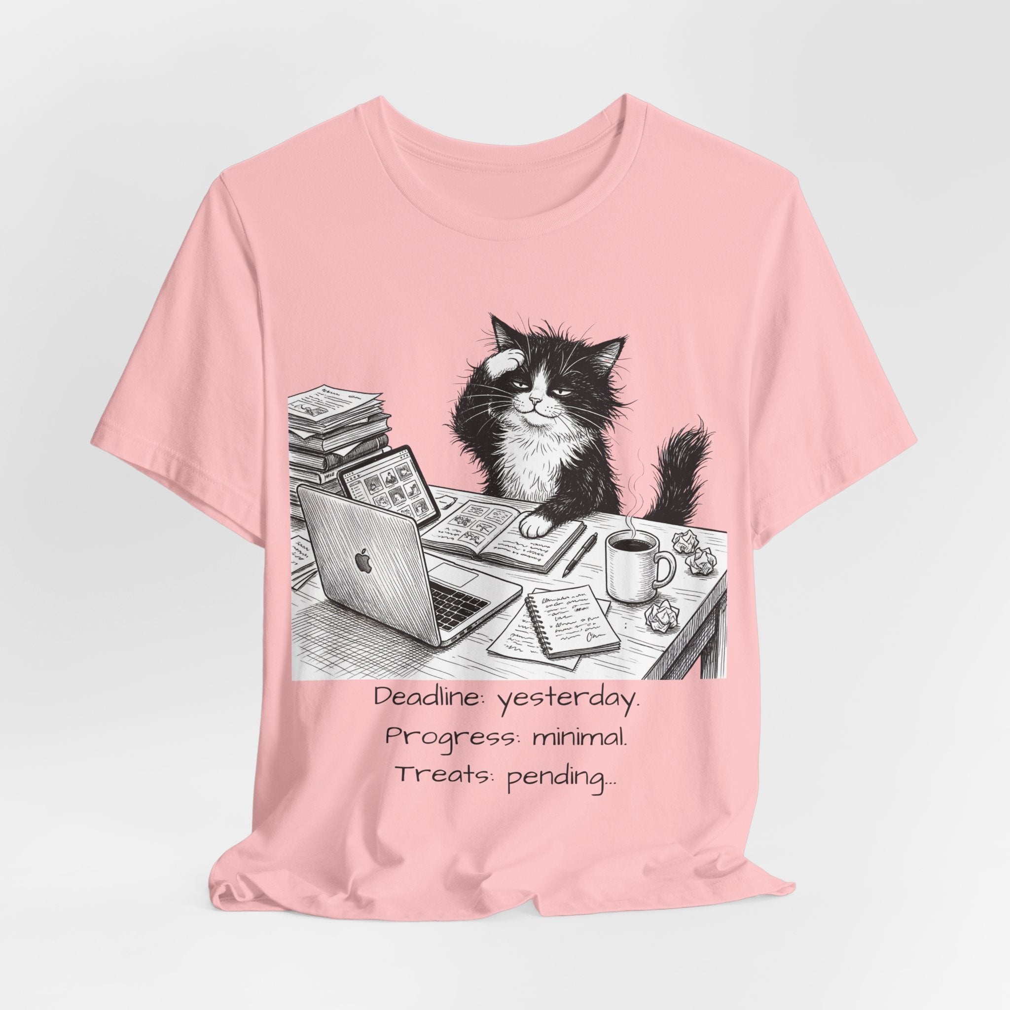 “Deadline yesterday, Progress normal, Treats pending” Cute Office Cat Tee