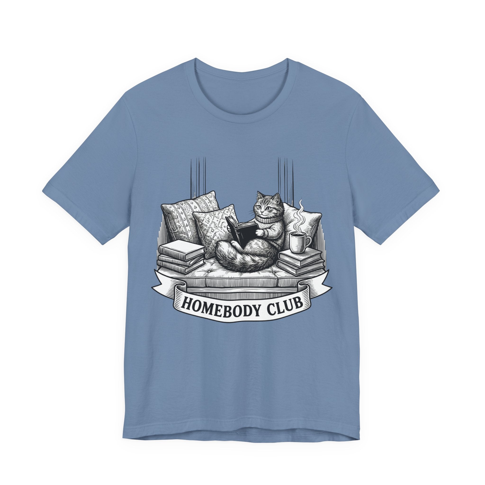 Homebody Club T-Shirt — Cozy Cat Reading Graphic Tee