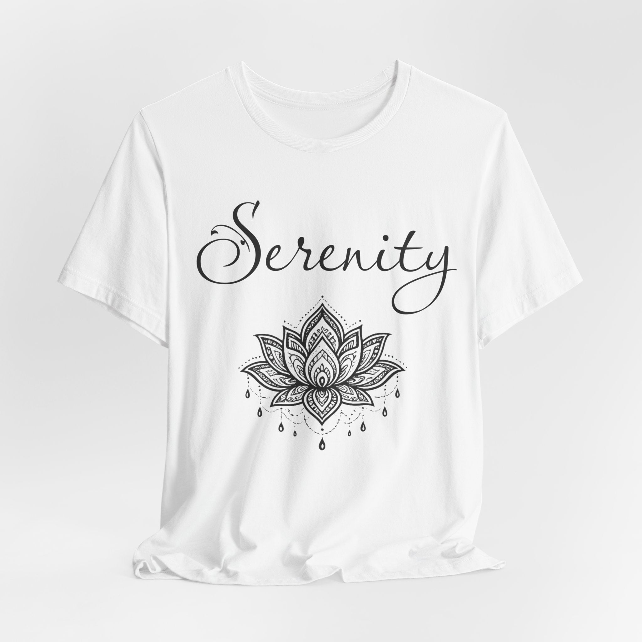 Serenity Lotus T-Shirt — Calming Yoga Tee with Script Text