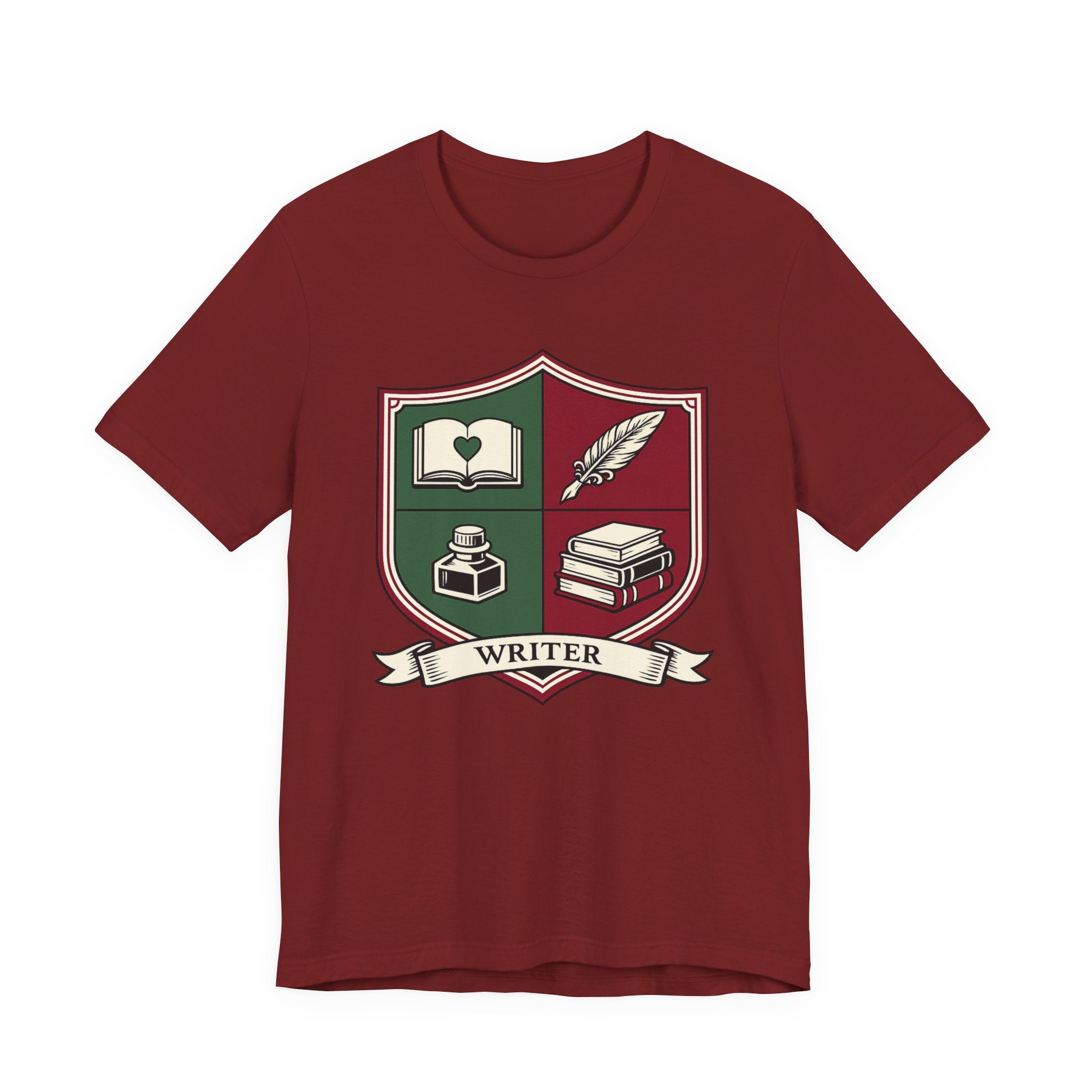 Writer Crest T‑Shirt — Literary Shield Tee with Quill, Books & Ink