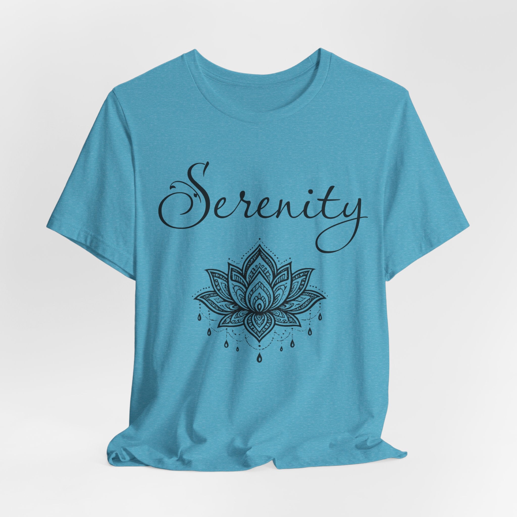 Serenity Lotus T-Shirt — Calming Yoga Tee with Script Text