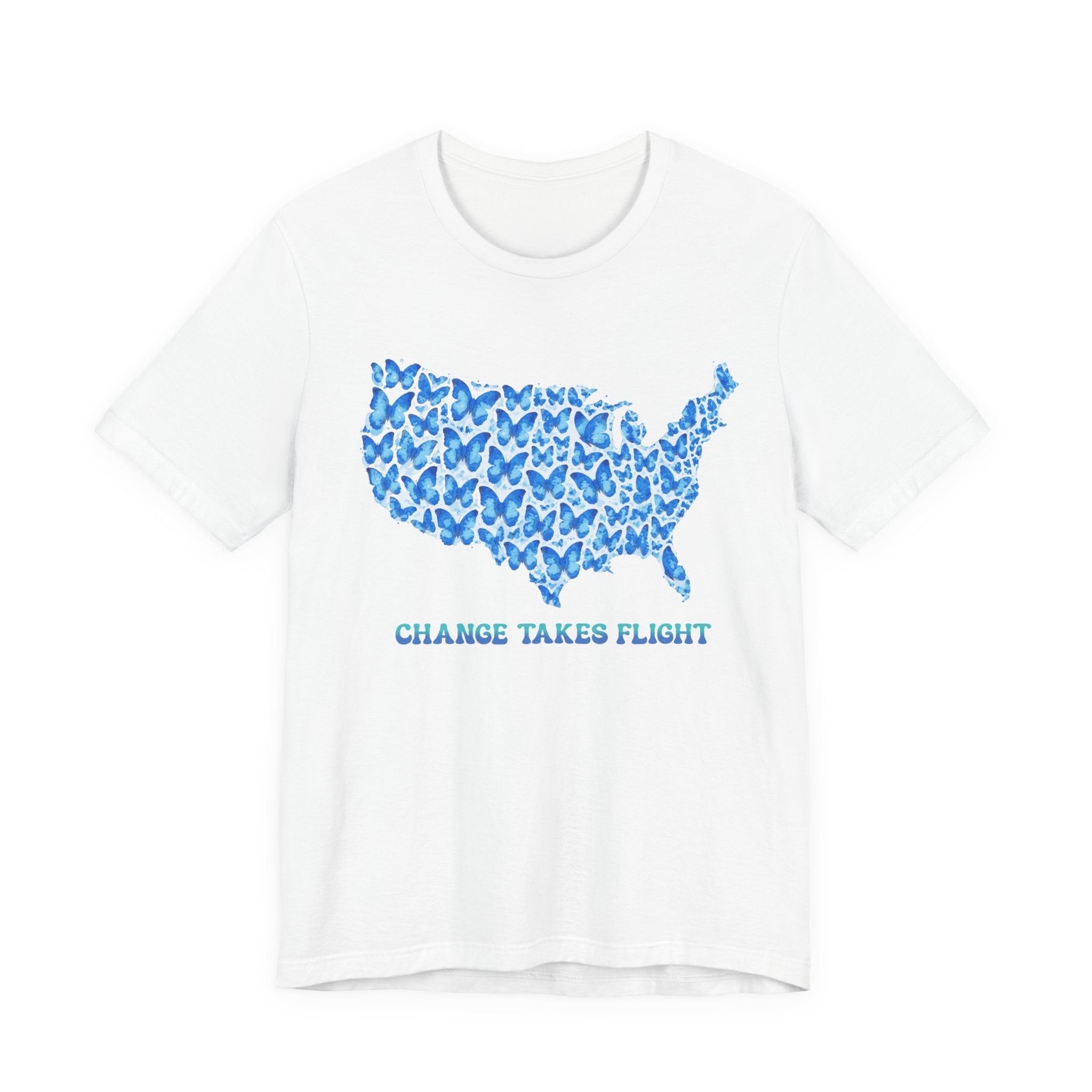 Change Takes Flight T-Shirt — Blue Butterfly USA Map Graphic Tee