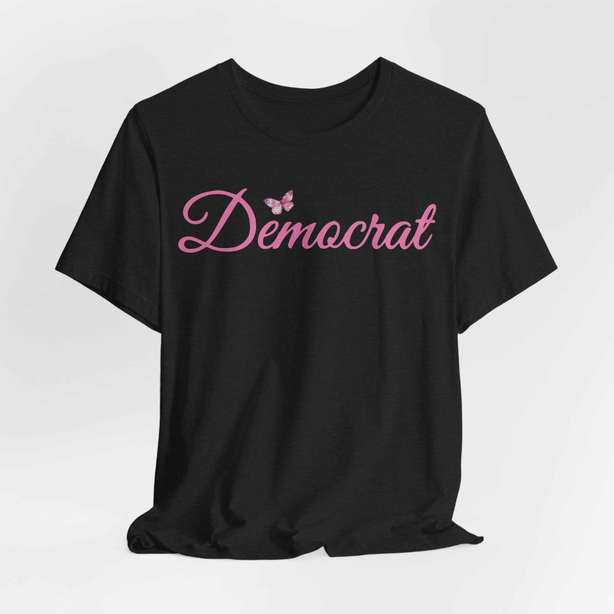Democrat Butterfly Tee — Pink Script Political T‑Shirt
