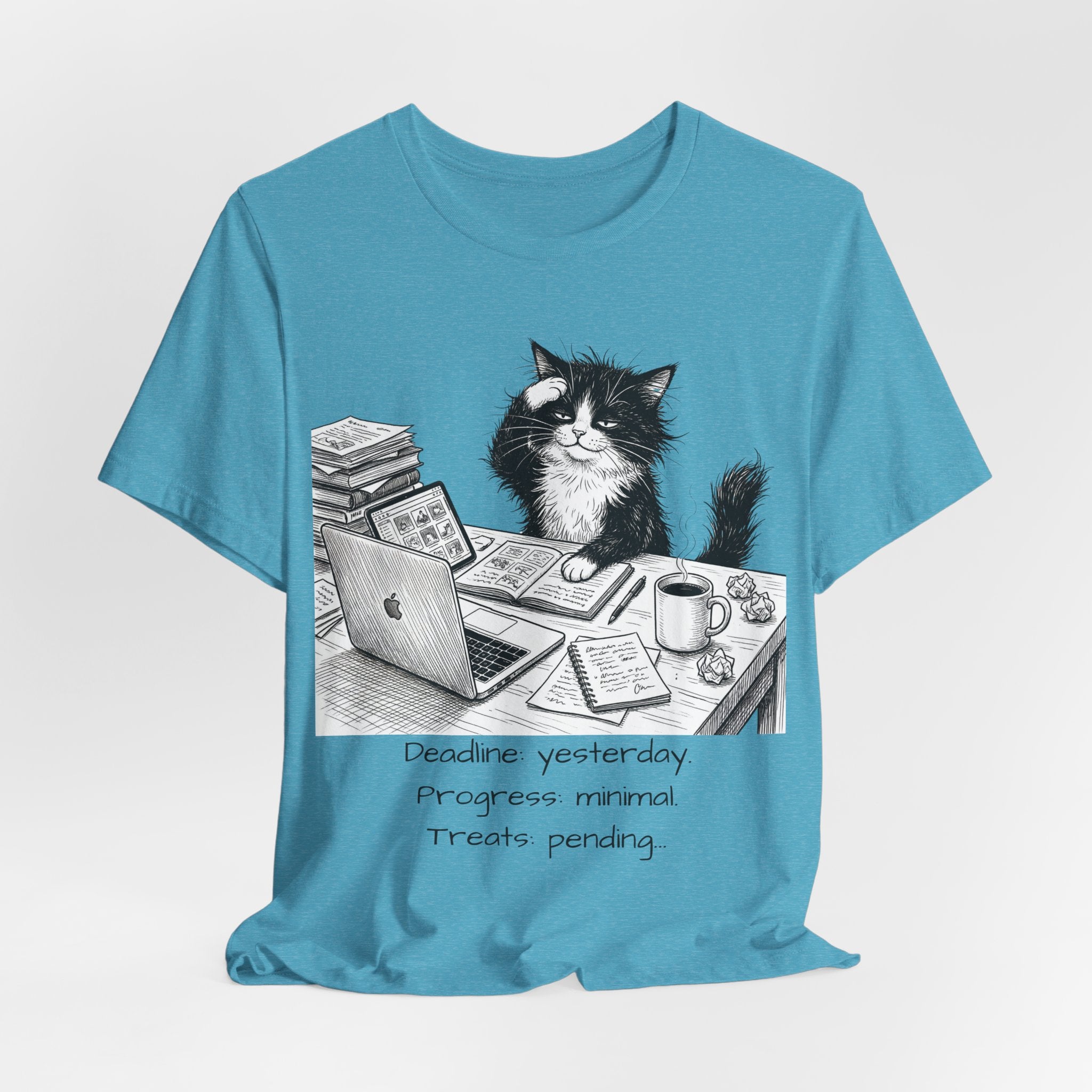 “Deadline yesterday, Progress normal, Treats pending” Cute Office Cat Tee