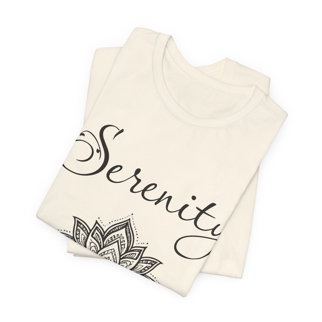Serenity Lotus T-Shirt — Calming Yoga Tee with Script Text